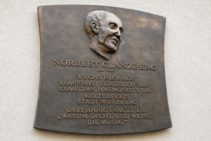 BU: Eine Plakette an Norbert Glanzbergs Geburtshaus erinnert an den Komponisten (Copyright: Wikimedia Commons)