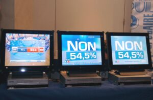 TV-Bildschirme mit dem Ergebnis des Referendums am 29. Mai 2005 (Copyright: Alamy)