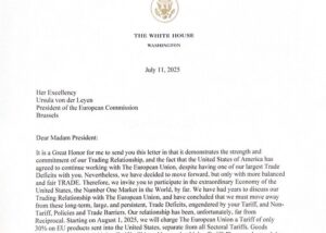 Schreiben von Donald Trump an Ursula von der Leyen, in dem der US-Präsident die Einführung von Zöllen zum 1. August ankündigt (Copyright: Wikimedia Commons)