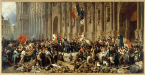 "Lamartine lehnt vor dem Rathaus die rote Fahne ab", Henri Félix Emmanuel Philippoteaux, 1848 (Copyright: Wikimedia Commons)