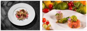 Links: Gebeizter Thunfischbauch und -rücken mit Thunfischschmalz, Croûtons und Imperialkaviar, Salat von Artischocken mit Kapern und Sardellen. Von Torsten Michel, Schwarzwaldstube (Copyright Rene Riis) / Rechts: Gefüllte Zucchiniblüten und Malvenblüten. Von Jany Gleize, La Bonne Étape (Copyright: Wikimedia Commons)