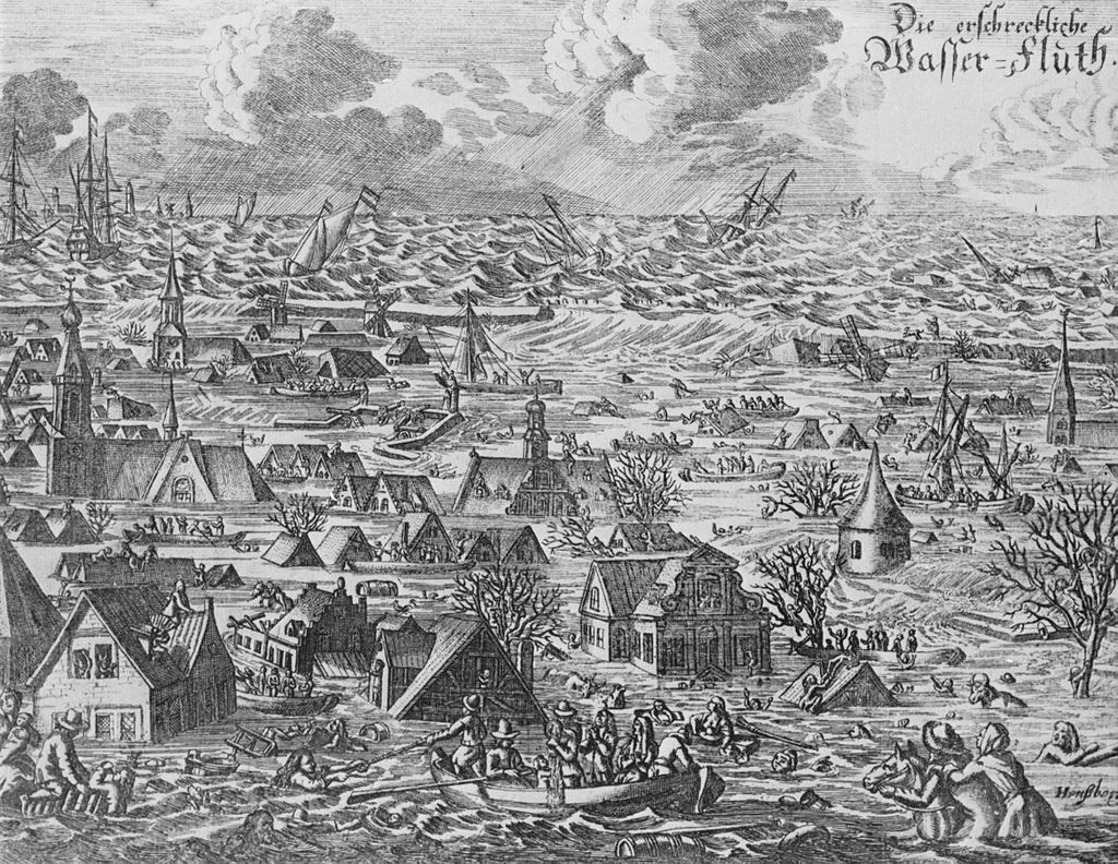 « L’effroyable inondation ». Représentation d’une ville submergée par la rupture d’une digue. Gravure extraite du livre « Die größten Denkwürdigkeiten der Welt », 1683 (Copyright: Wikimedia Commons)