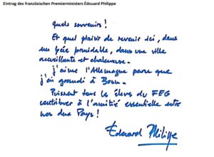 Eintrag des französischen Premierministers Édouard Philippe bei seinem Besuch am FEG (Copyright: FEG)