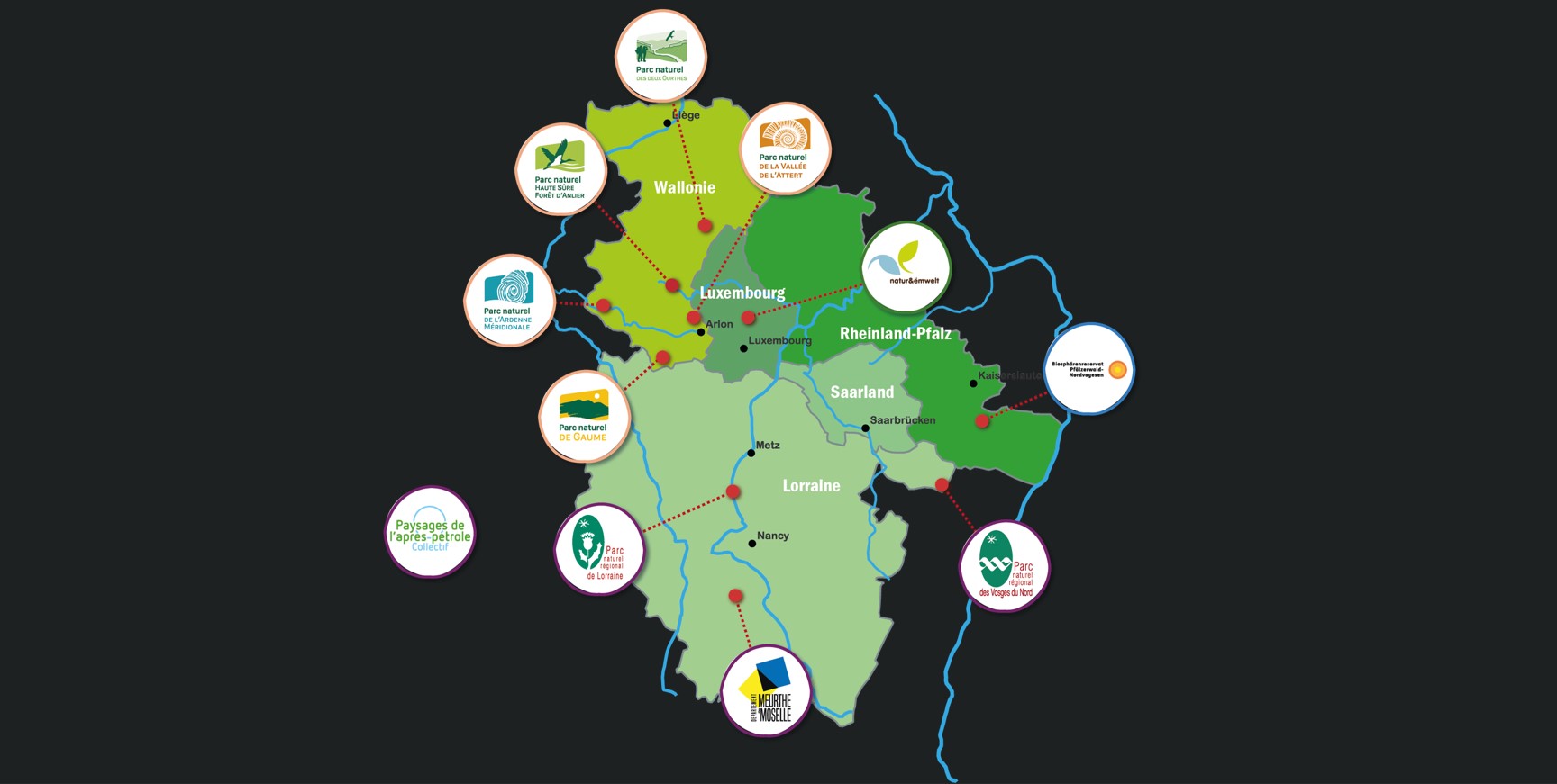 Über vier Länder verteilt: Die Partner im Projekt „Horizont Climatic“ in der Großregion/Grande Région (Copyright: Mathieu Grosjean)