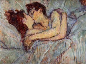 Gemälde, zwei Personen liegen im Bett und küssen sich