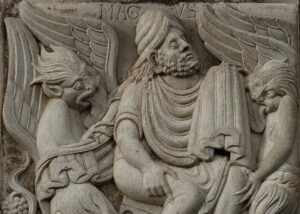 Simon le Magicien, les démons et la naissance de la vigne. Porte Miègeville de la basilique Saint-Sernin de Toulouse 