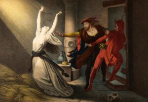 Accompagné de Méphisto, Faust rend visite à Marguerite dans le cachot. Lithographie de Joseph Fay (1812-1875)