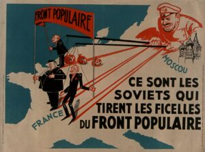 Antikommunistisches Plakat des Propagandazentrums der nationalen Republikaner mit Édouard Herriot (Radikale Partei), Léon Blum (SFIO) und Marcel Cachin (PCF) (Copyright: Wikimedia Commons)