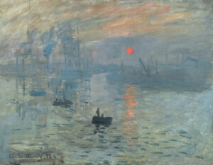 Gemälde von Claude Monet mit dem Titel "Impression, soleil levant". Gemalt sind das Meer mit einigen Fischerboten, am Himmel die untergehende Sonne, im Stil des Impressionismus