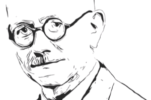 schwarz-weiße Zeichnung von Marc Bloch, Mann mit runder Brille und Schnurrbart