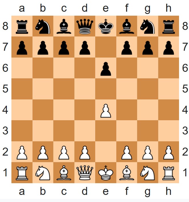 Die Grundstellung der Französischen Verteidigung nach 1. e2–e4 e7–e6