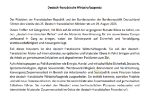 Seite 1 der in Toulon verabschiedeten deutsch-französischen Wirtschaftsagenda (Copyright: Landry Charrier – Screenshot: 2025-09-06-dt-fr-wirtschaftsagenda-uebersetzung-data.pdf)