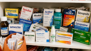 Medikamentenschrank mit vielen verschiedenen Verpackungen von Medikamenten