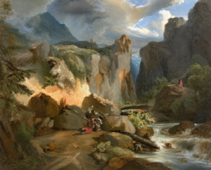 Gemälde. Eine Schlucht, durch die ein Fluss fließt. An einen Felsen gelehnt sind ein paar Soldaten erkennbar.