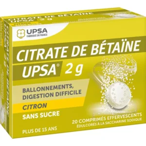 gelb-grüne Medikamentenverpackung mit der Beschriftung "Citrate de bétaine upsa 2g"