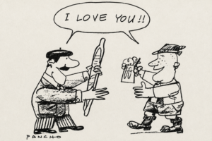 Karikatur: zwei Menschen begrüßen sich mit den Worten "I love you". Der eine ist stereotypisch französisch dargestellt mit Béret, Schnurrbart und Baguette, der andere stereotypisch deutsch mit Bierkrug, Filzhut und Lederhosen