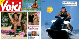 Voici, Ausgabe vom 5. August 2022: Emmanuel Macron macht mit seinem Sommerurlaub in Brégançon Schlagzeilen (Copyright & Fotomontage: Privatsammlung/Landry Charrier)